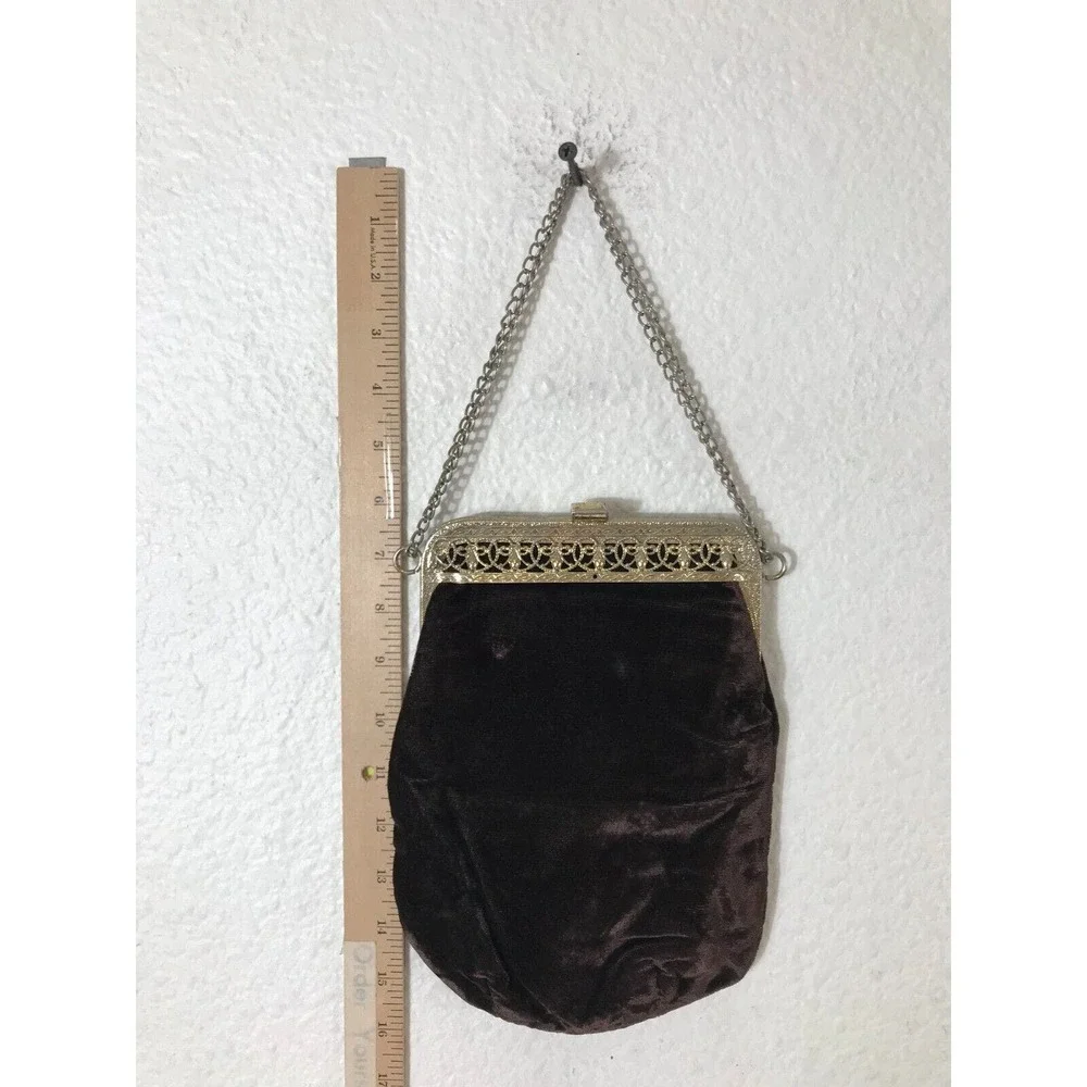 Vintage Art Deco Brown Velvet Purse With Bronze‎ Gold Plated Frame Antique